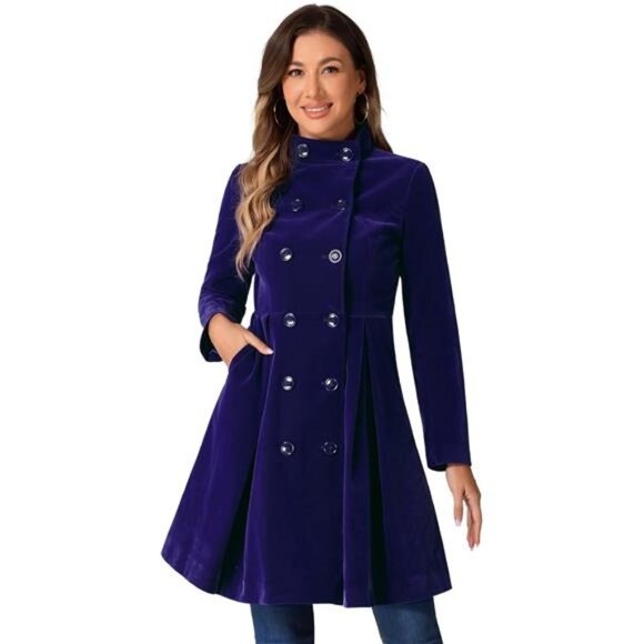 Velvet A-Line Coat for Women Blue - Picture 1 of 5